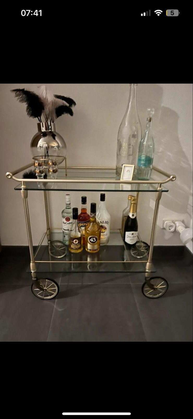 Vintage Drankenbar Trolley / Theekar Goud met Glas, Ophalen, Zo goed als nieuw