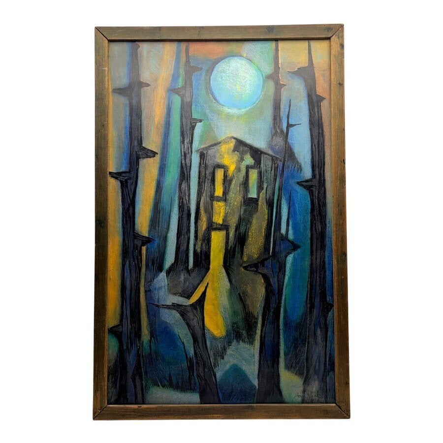 Jan Murk de Vries (1919-2015), huis bij maanlicht, Ophalen of Verzenden
