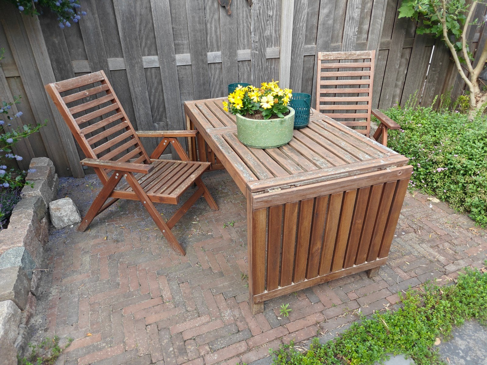 Uitschuifbare houten tuintafel met stoelen, Tuin en Terras, Tuintafels, Ophalen, Gebruikt, Rechthoekig, Hout