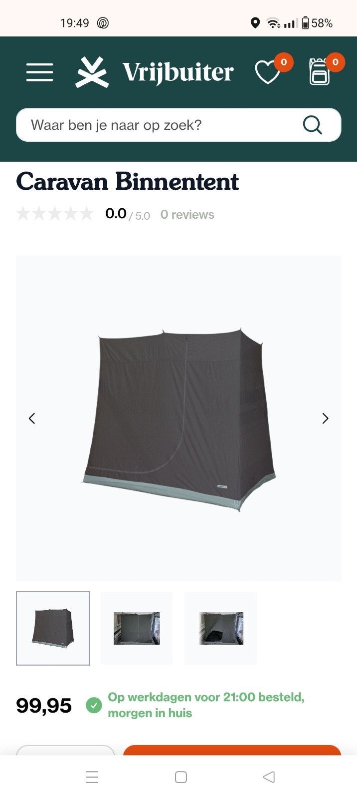Hoge caravan / erker binnentent 2 persoons. Off white., Ophalen, Zo goed als nieuw