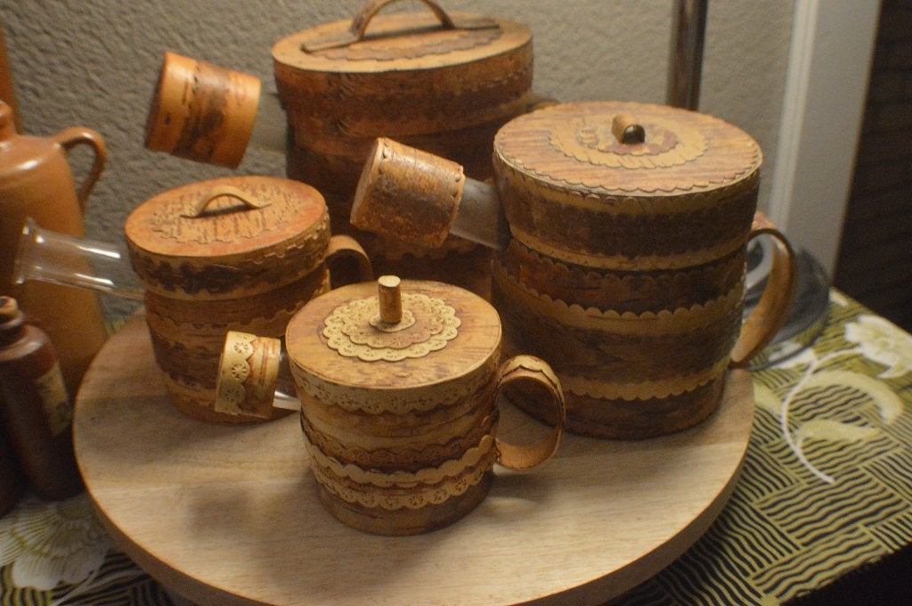 4xleuke oude brocante Zweedse berkenbast koffie potten, Ophalen of Verzenden