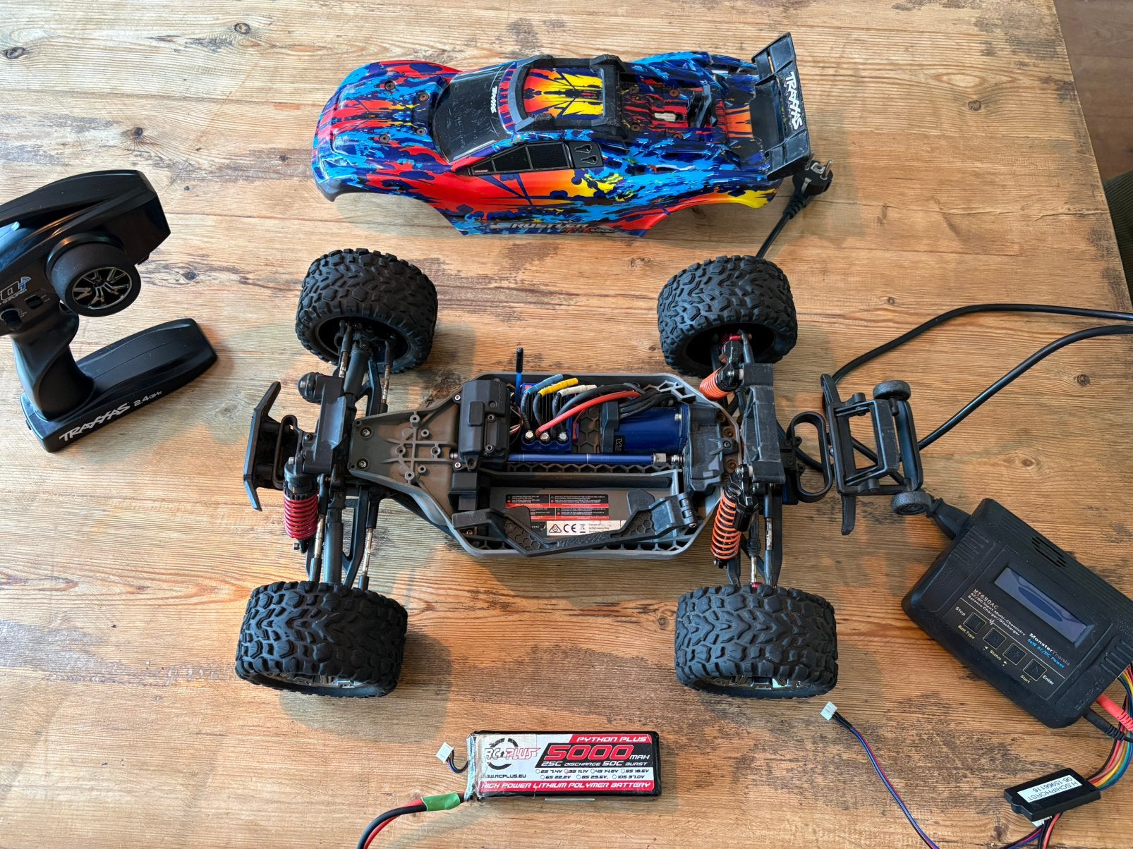 RC Traxxas Rustler VXL 4x4 incl. 3S LiPo, charger en zender, Ophalen, Gebruikt, Auto offroad, Schaal 1:10