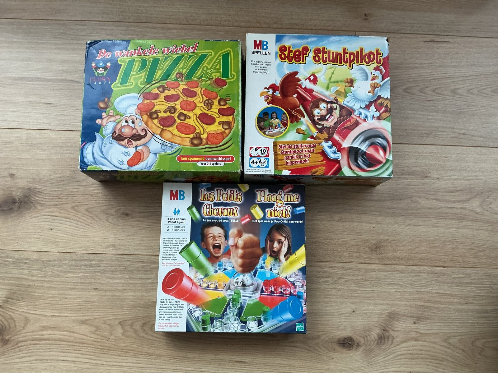 Bordspellen set: Pizza, Stef Stuntpiloot, Plaag me niet, Een of twee spelers, Ophalen, Gebruikt