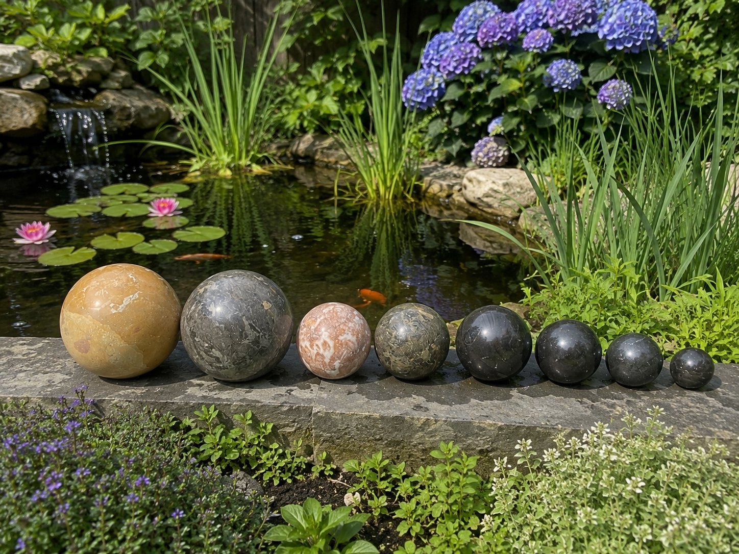 Set marmeren ballen (18, 12, 9 cm) voor tuin/vijver, Ophalen, Gebruikt