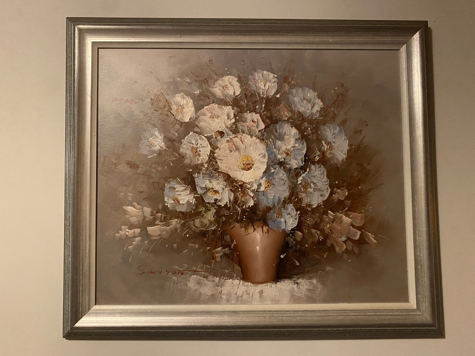Schilderij 'Bloemen in vaas' - Gesigneerd Eddy Samson, Doek, Realistisch, Gesigneerd, Olieverf