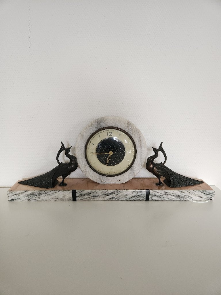 Art Deco Marmeren Schouwklok met Pauwen - Mercedes, Ophalen