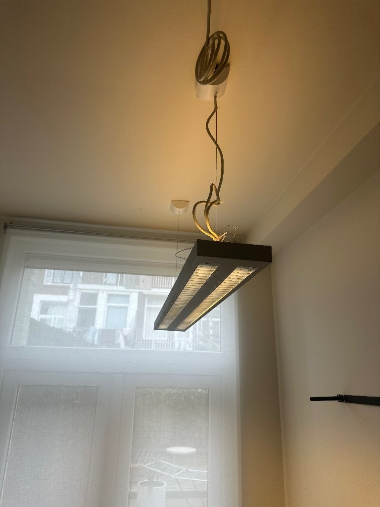 Deense design hanglamp – dubbele LED/TL-baan met lamellen, Huis en Inrichting, Lampen | Hanglampen, Ophalen, Gebruikt, G13 (TL)