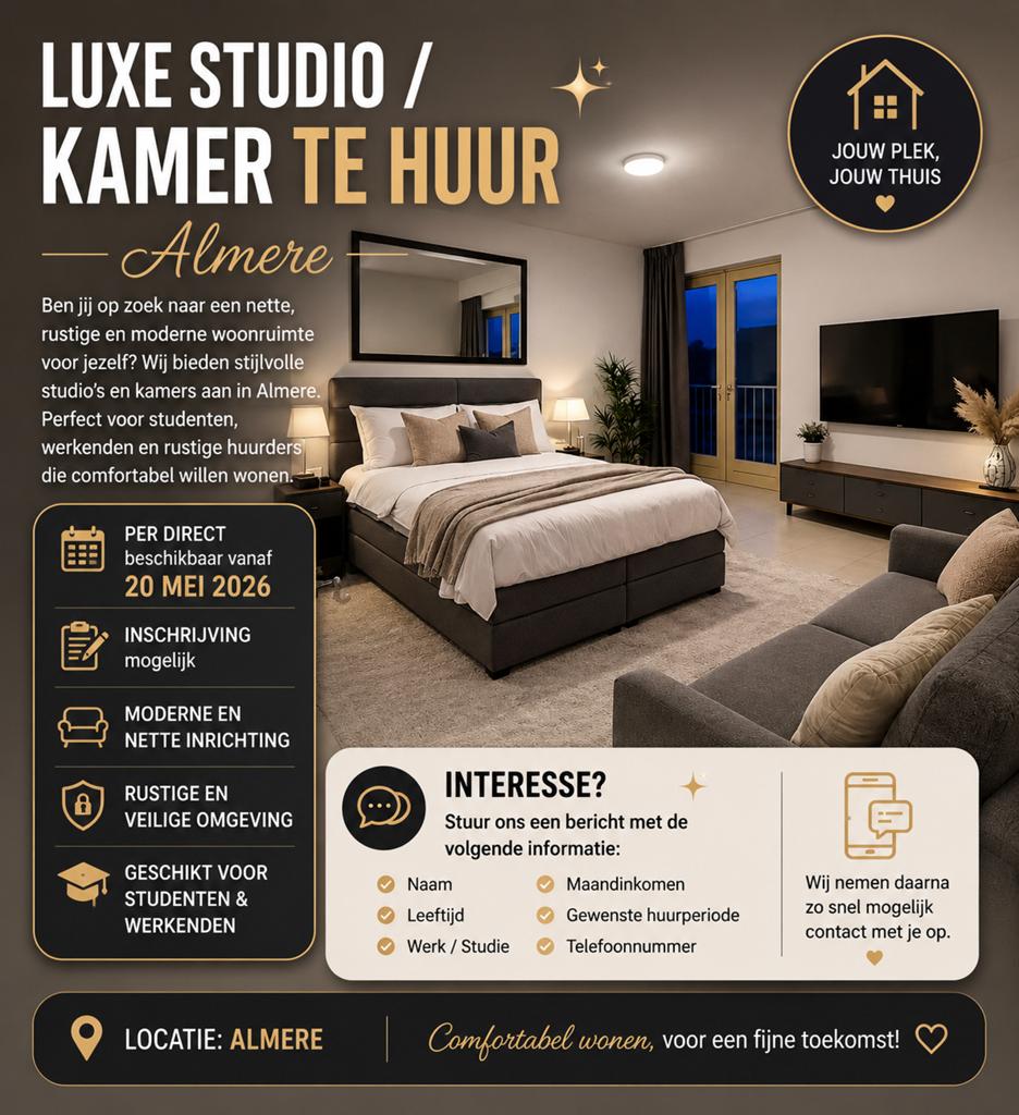 Luxe studio / Kamers, Ophalen of Verzenden, Nieuw