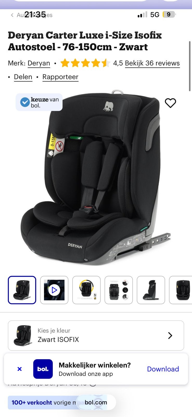 Deryan Carter Luxe i-Size Isofix Autostoel - 76-150cm, Gebruikt, 15 t/m 36 kg, Zijbescherming, Isofix