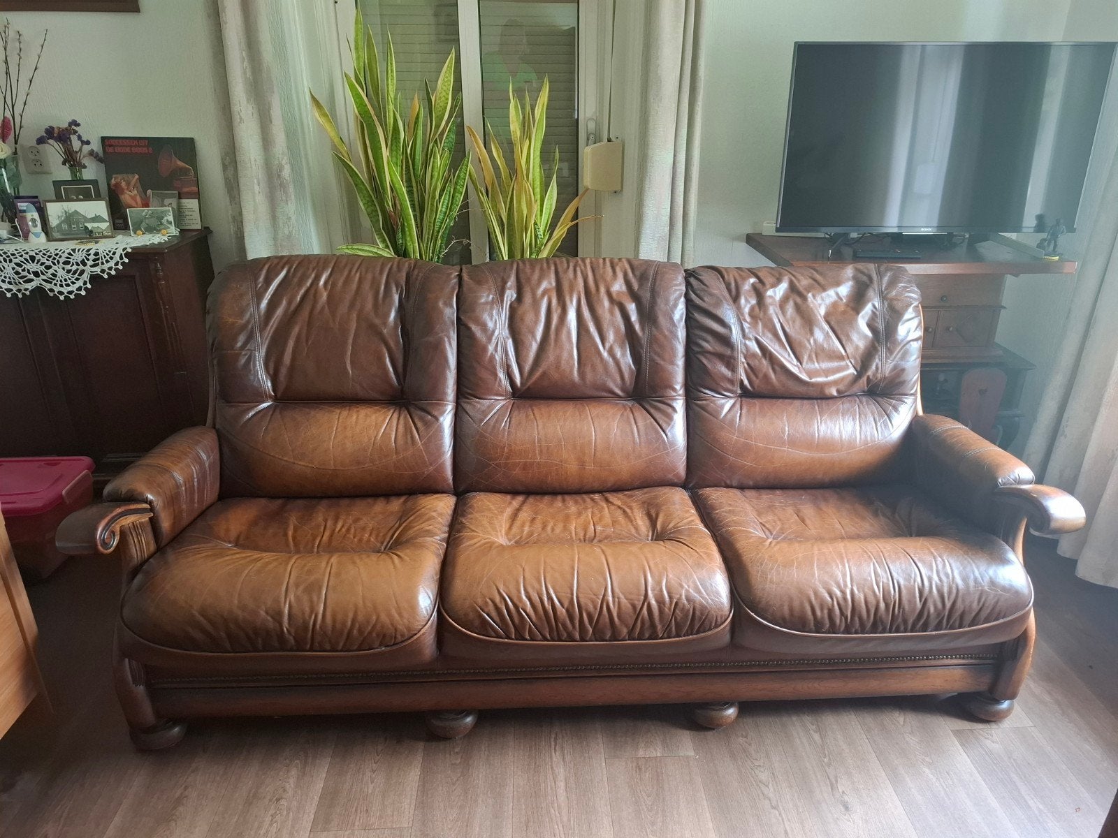 Leren bank en fauteuils - Vintage stijl, Ophalen, Gebruikt, Hout, Vintage, Klassiek