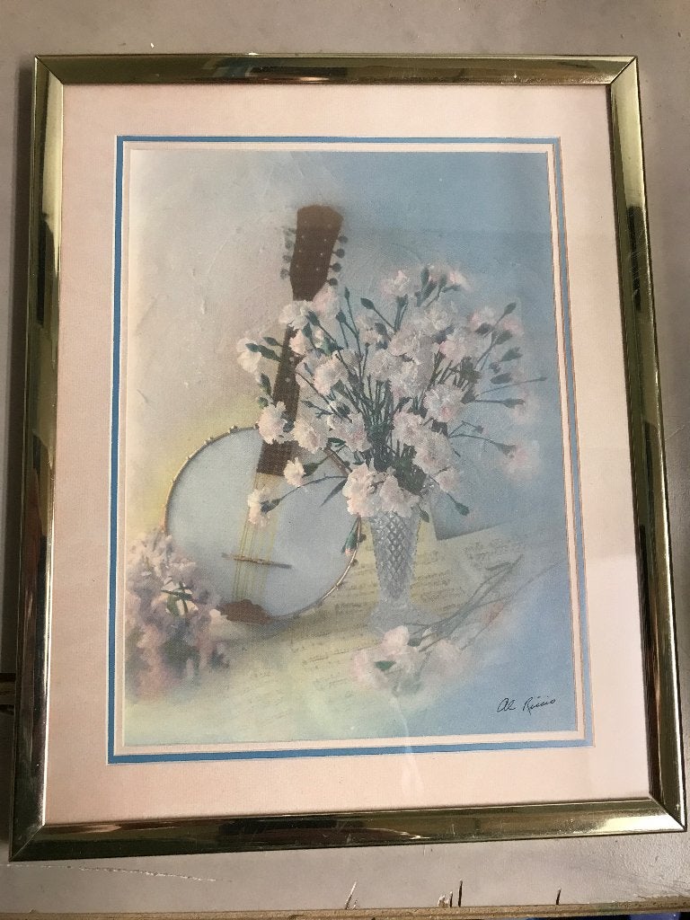 Set van 2 ingelijste prints: Muziekinstrumenten en bloemen, Minder dan 50 cm, Gebruikt, Ophalen of Verzenden, Schilderij