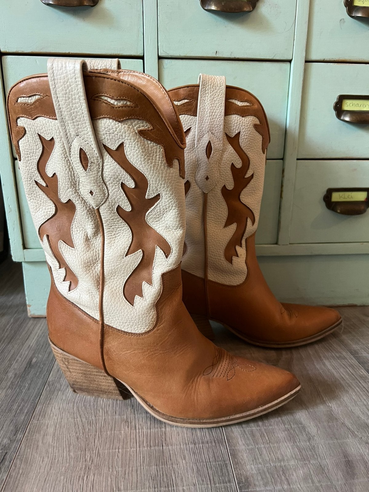 Vintage cowboylaarzen western bruine bewerkt boho laarzen 41, Hoge laarzen, Bruin, Ophalen of Verzenden, Gedragen
