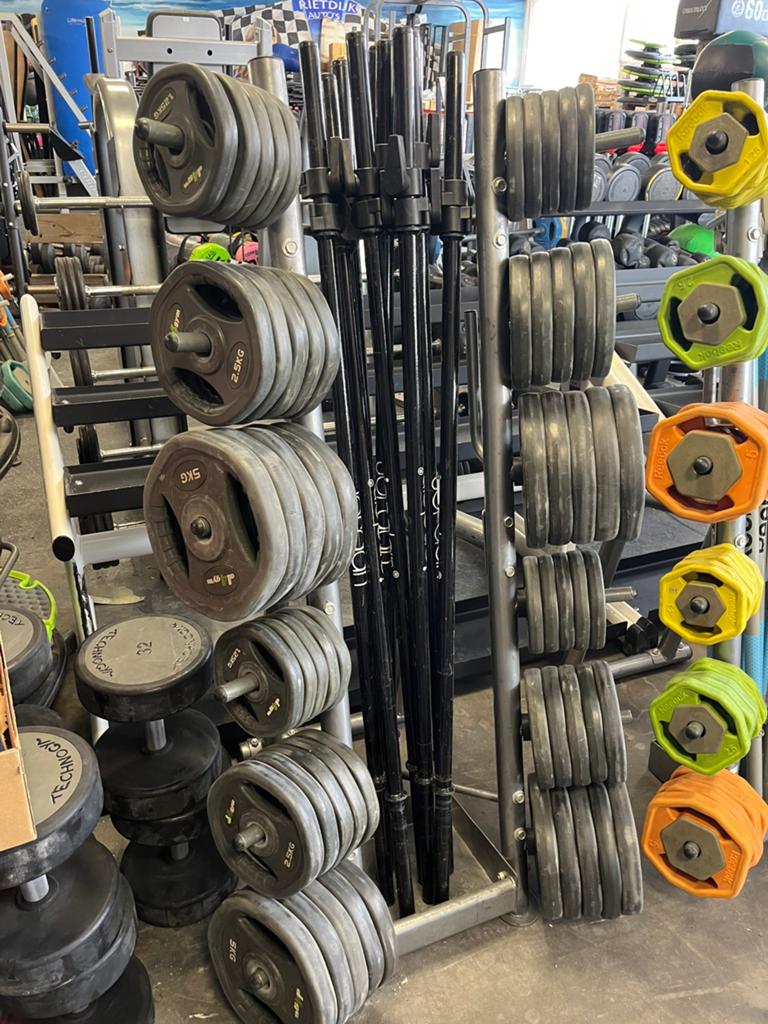 10 x bodypump halter set met rek stang schijven, Ophalen, Gebruikt, Met rek, 10 x set