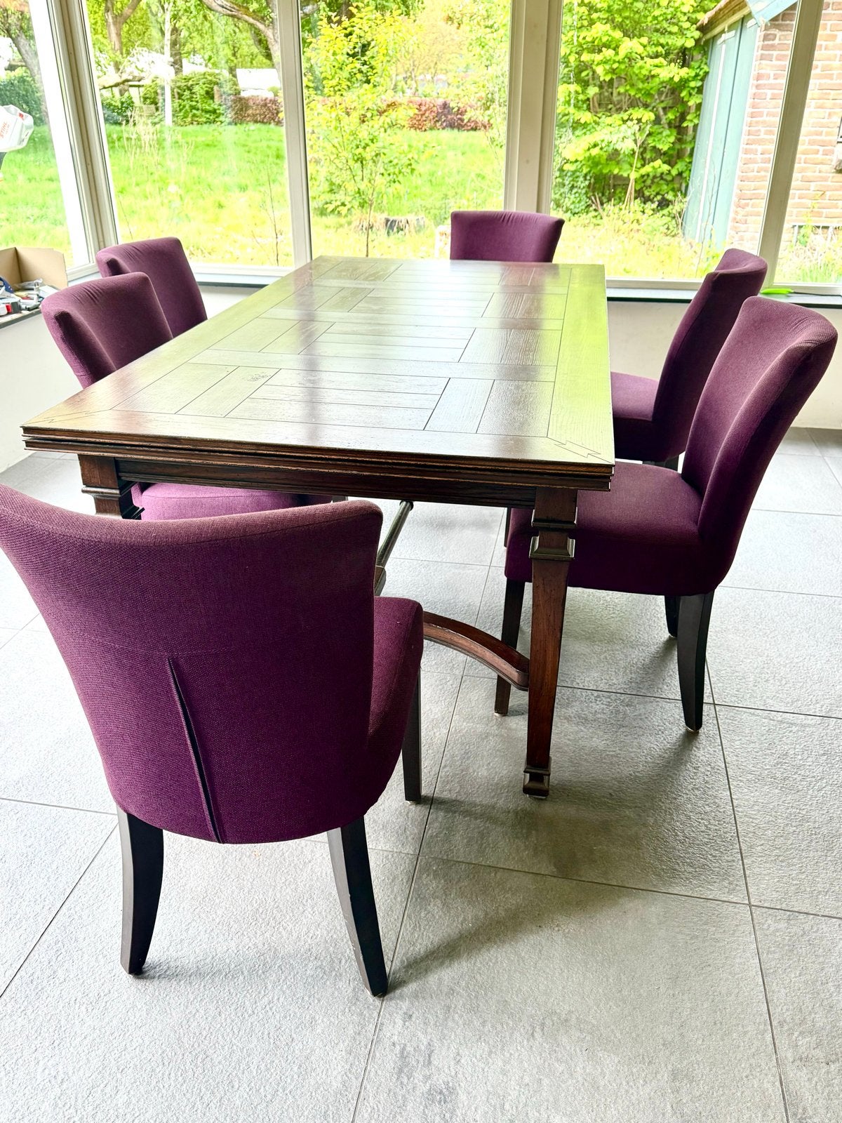 Grote houten eettafel met bijpassende stoelen, Ophalen, Gebruikt, 100 tot 150 cm, 150 tot 200 cm