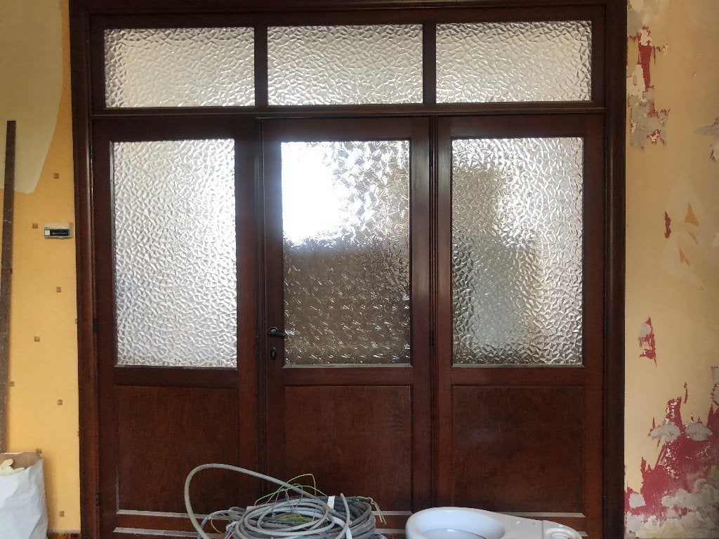 driedubbele deur interbellum (Pitch Pine & Kathedraalglas), Ophalen, Gebruikt, Binnendeur, Glas