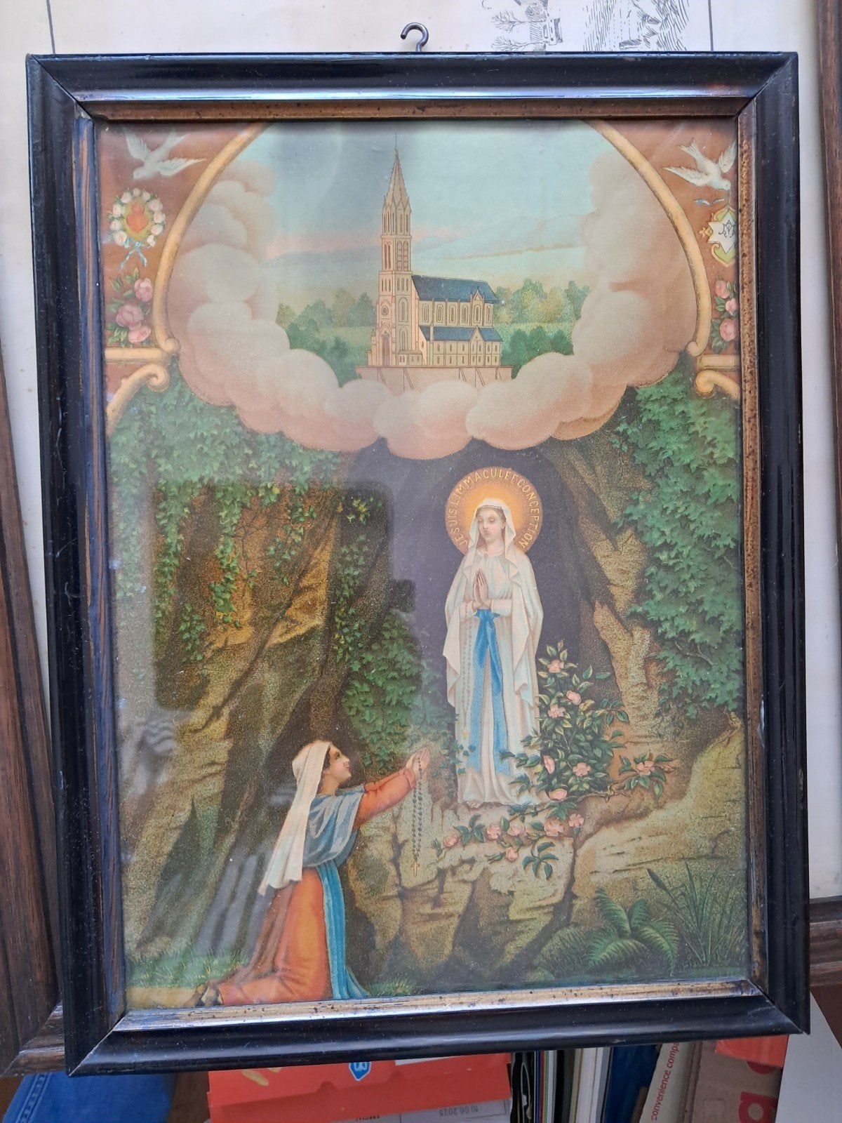 Antieke religieuze prent: Maria verschijning Lourdes, Ophalen of Verzenden
