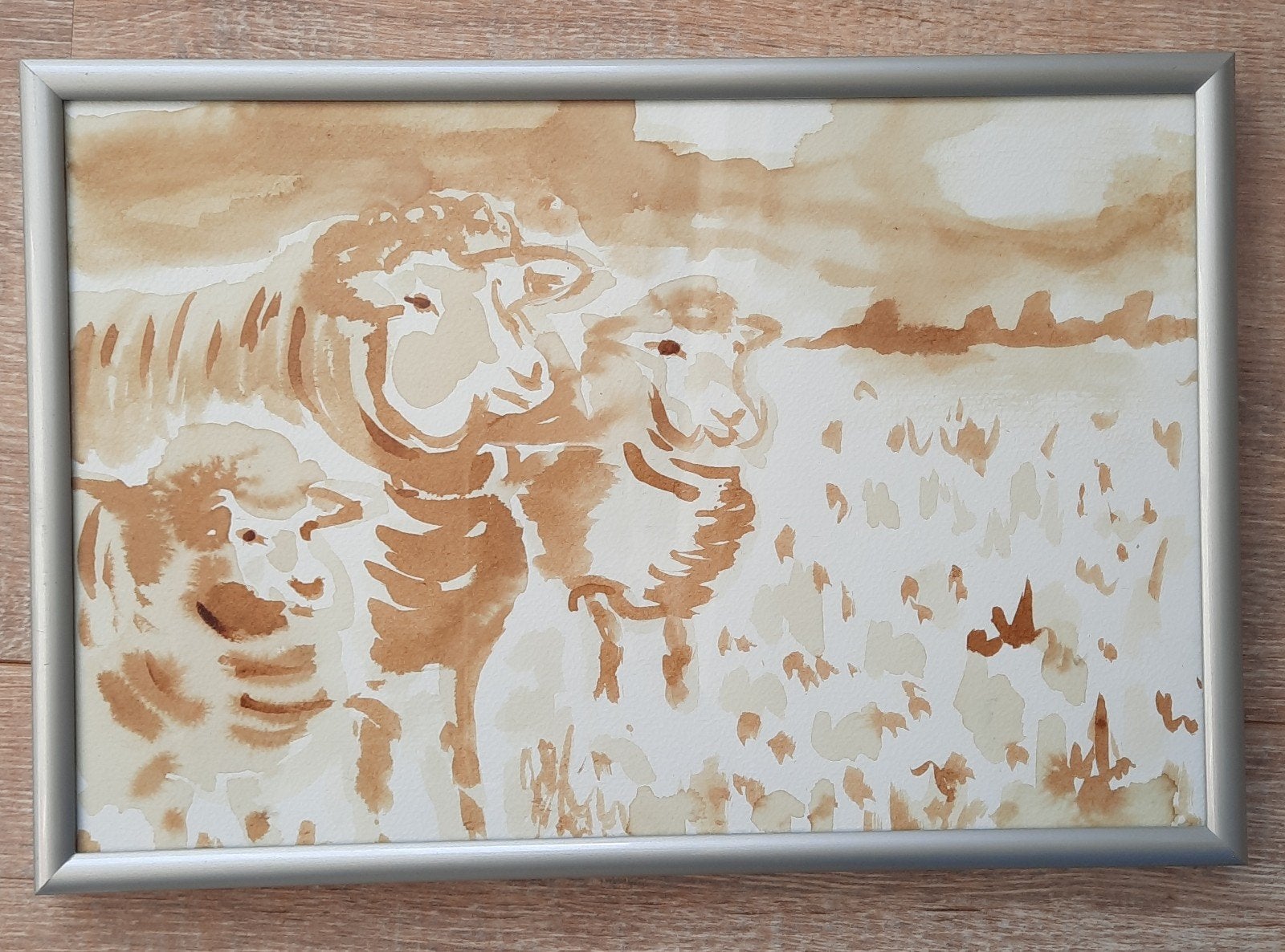Uniek schilderij: Schaapjes met koffie geschilderd, Ophalen of Verzenden, Ingelijst, Dieren, Papier
