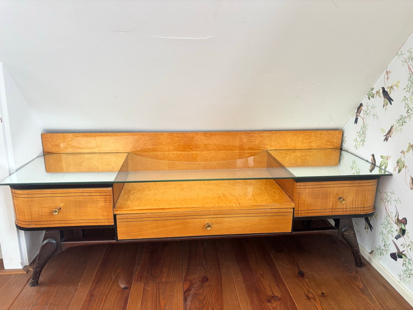 Vintage mid century kaptafel hout met glazen plaat, Huis en Inrichting, Tafels | Kaptafels, Ophalen, Gebruikt, Mid century, 100 tot 150 cm