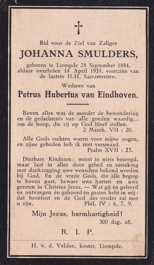 Smulders Johanna 1884 Liempde 1935, Ophalen of Verzenden, Bidprentje