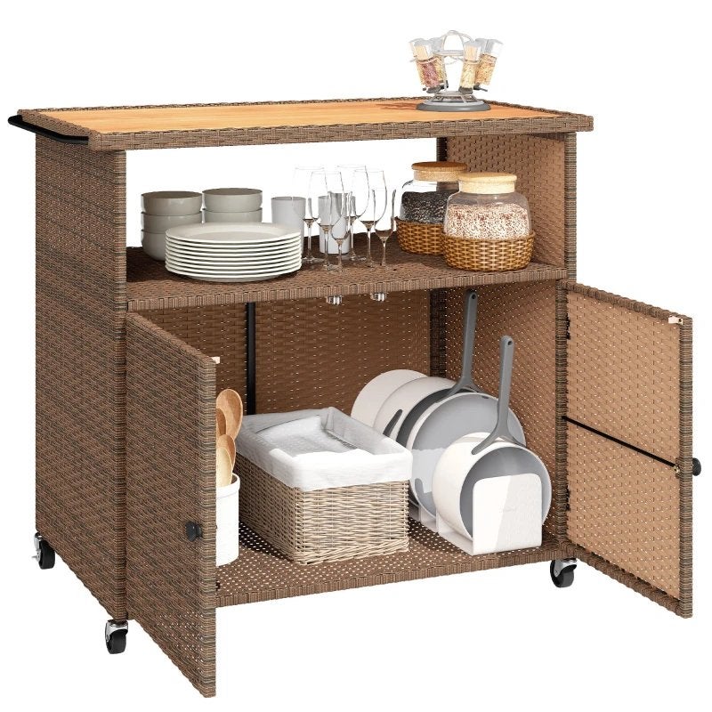 Outsunny Serveerwagen Rattan Keukenwagen met Eucalyptus, Ophalen of Verzenden, Nieuw
