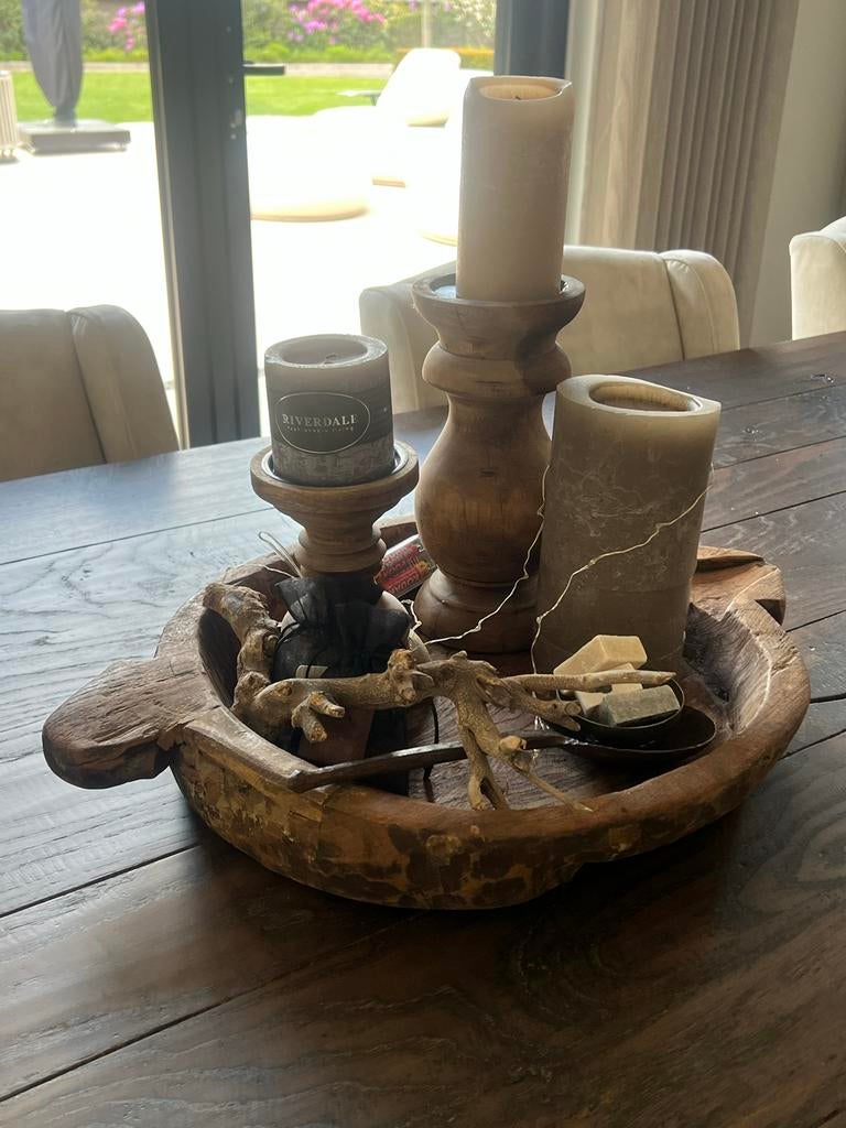 Decoratieve houten schaal met kaarsen en takken, Ophalen of Verzenden, Zo goed als nieuw