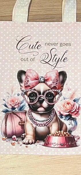 Handgemaakte tote bag met glamoureuze frenchie print, Ophalen of Verzenden, Nieuw, Roze, Overige merken