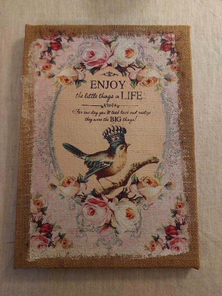 Wanddecoratie Jute met Vogel en Tekst - Vintage Stijl, Decoratieobject, Ophalen of Verzenden, Zo goed als nieuw, Natuurlijk materiaal