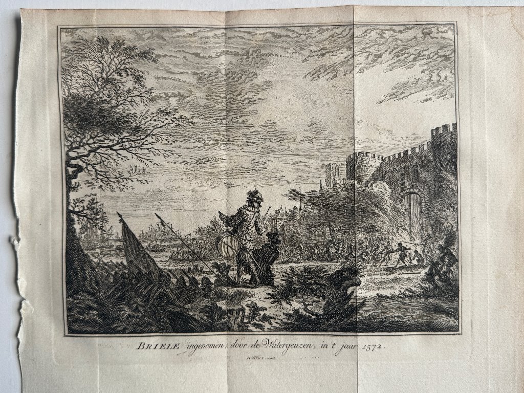 Briele ingenomen door watergeuzen in 1572 - P0870-07, Antiek en Kunst, Kunst | Etsen en Gravures, Ophalen of Verzenden, Ets, 1700 - 1799