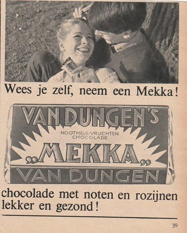 Retro reclame 1961 Van Dungen Mekka chocolade met noten, Verzamelen, Retro, Verzenden, Overige typen
