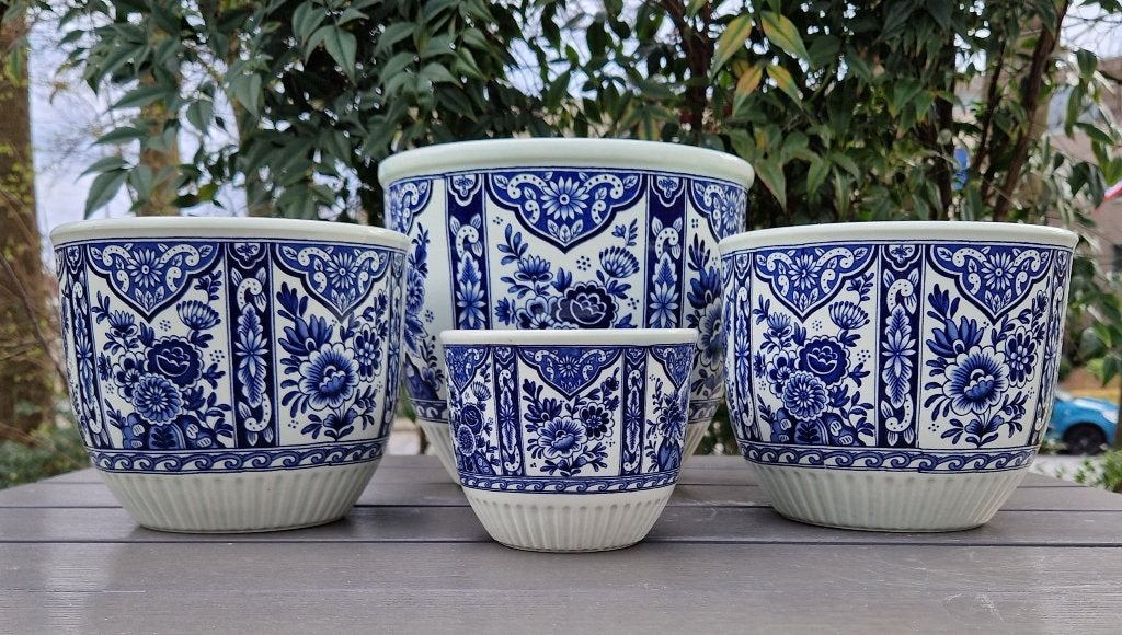 Vier vintage "Boch" Delfts blauwe keramiek bloempotten, Ophalen, Gebruikt, Rond, Aardewerk