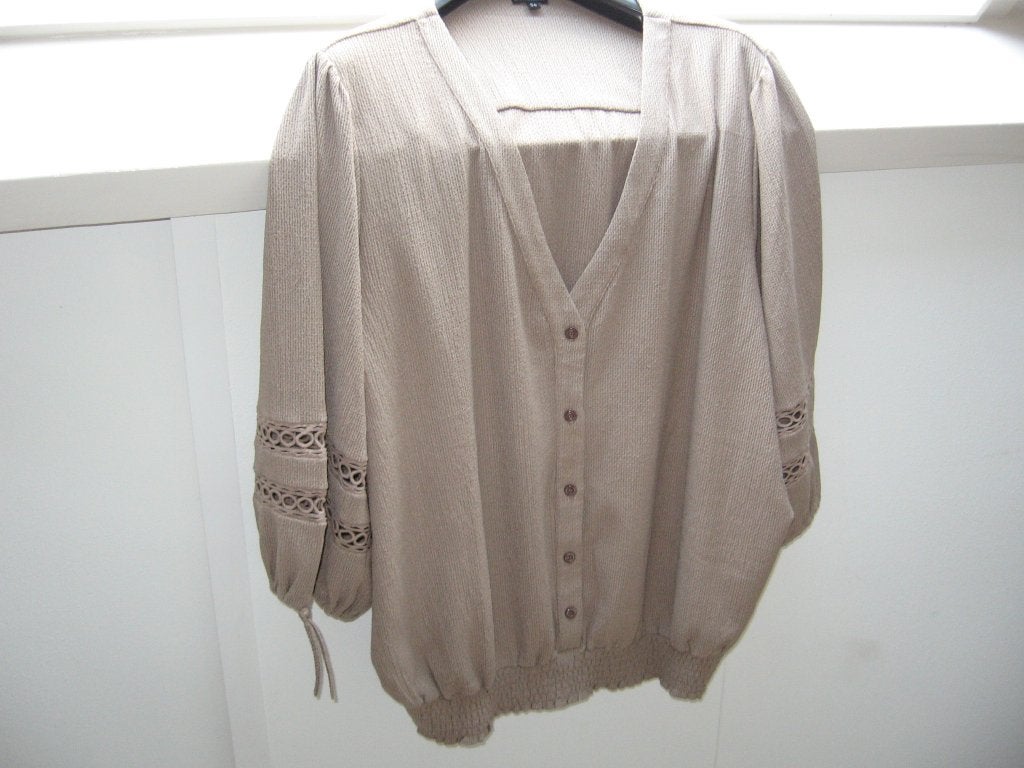 Superleuk blouse vest tijdloos bruin 54 open gewerkt €30.-, Kleding | Dames, Grote Maten, Ophalen of Verzenden, Nieuw, Beige, Blouse of Tuniek