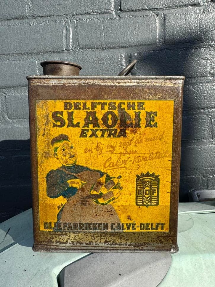 Vintage Delftsche Slaolie Blik - Calv? Delft, Gebruikt, Gebruiksvoorwerp, ., Ophalen of Verzenden