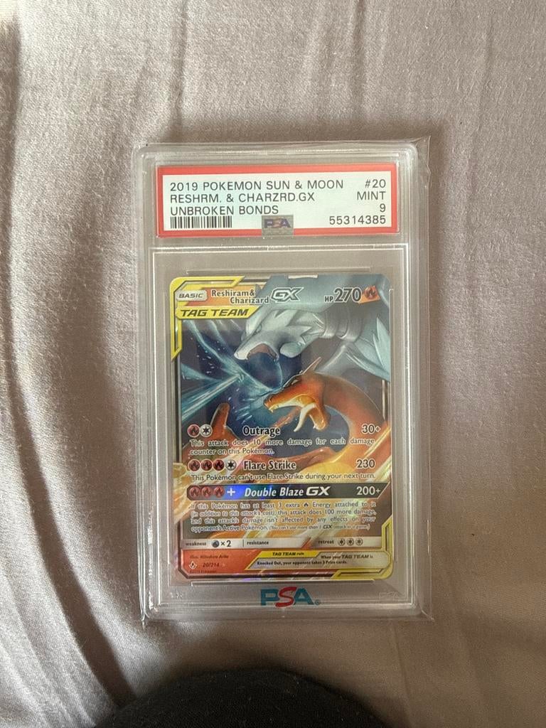 Pokémon Reshiram & Charizard GX PSA 9 Mint, Ophalen of Verzenden, Zo goed als nieuw, Losse kaart