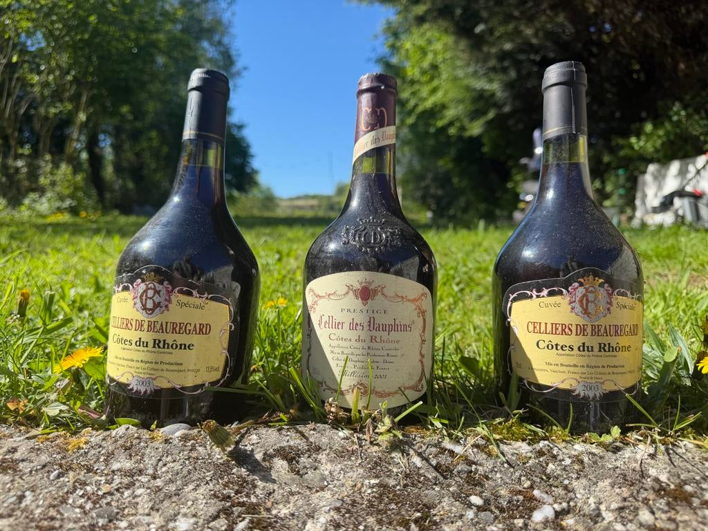 3 flessen rode wijn - Côtes du Rhône 2003, Verzamelen, Wijnen, Gebruikt, Frankrijk, Ophalen of Verzenden, Rode wijn