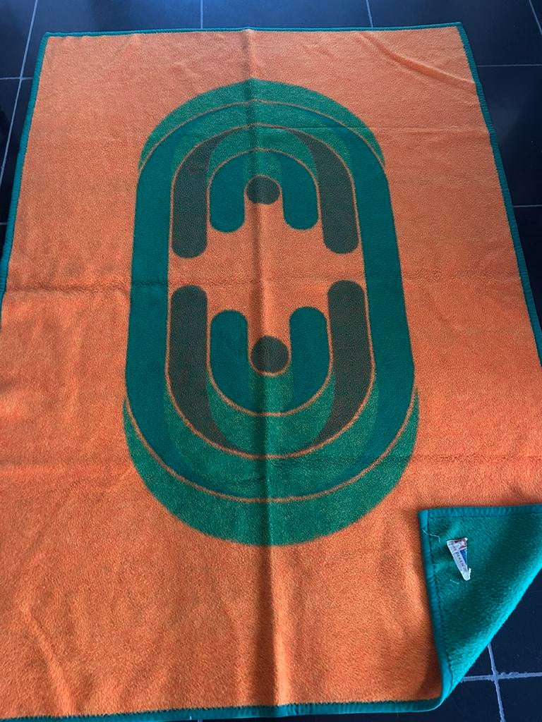 Vintage Didas dralon deken plaid oranje groen 140 210 retro, Ophalen, Zo goed als nieuw