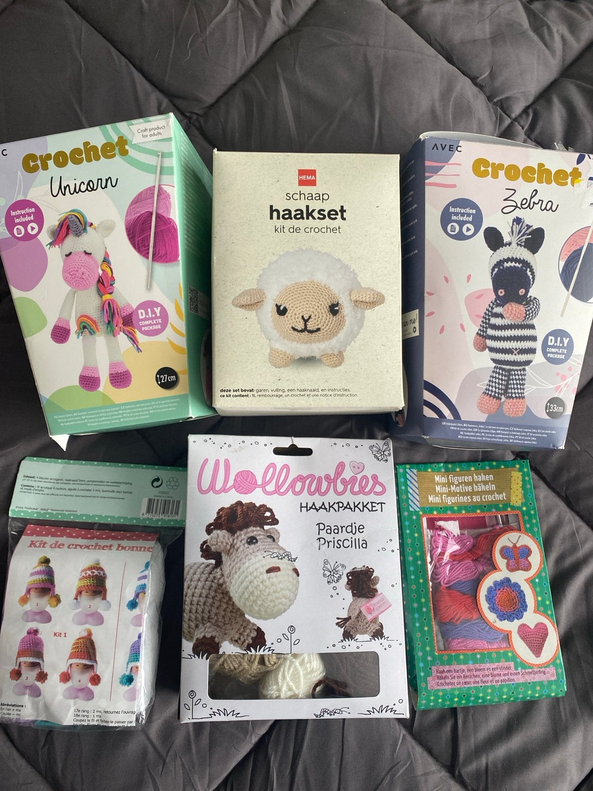 Diverse haakpakketten - Eenhoorn, Zebra, Schaap, Paardje, Hobby en Vrije tijd, Ophalen, Nieuw, Haken, Overige typen