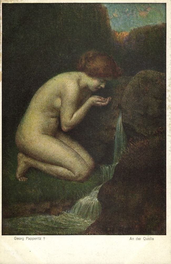 Schilderij Georg Papperitz, Naakte Vrouw An der Quelle, Ophalen of Verzenden, Voor 1920, Ongelopen, Overige thema's