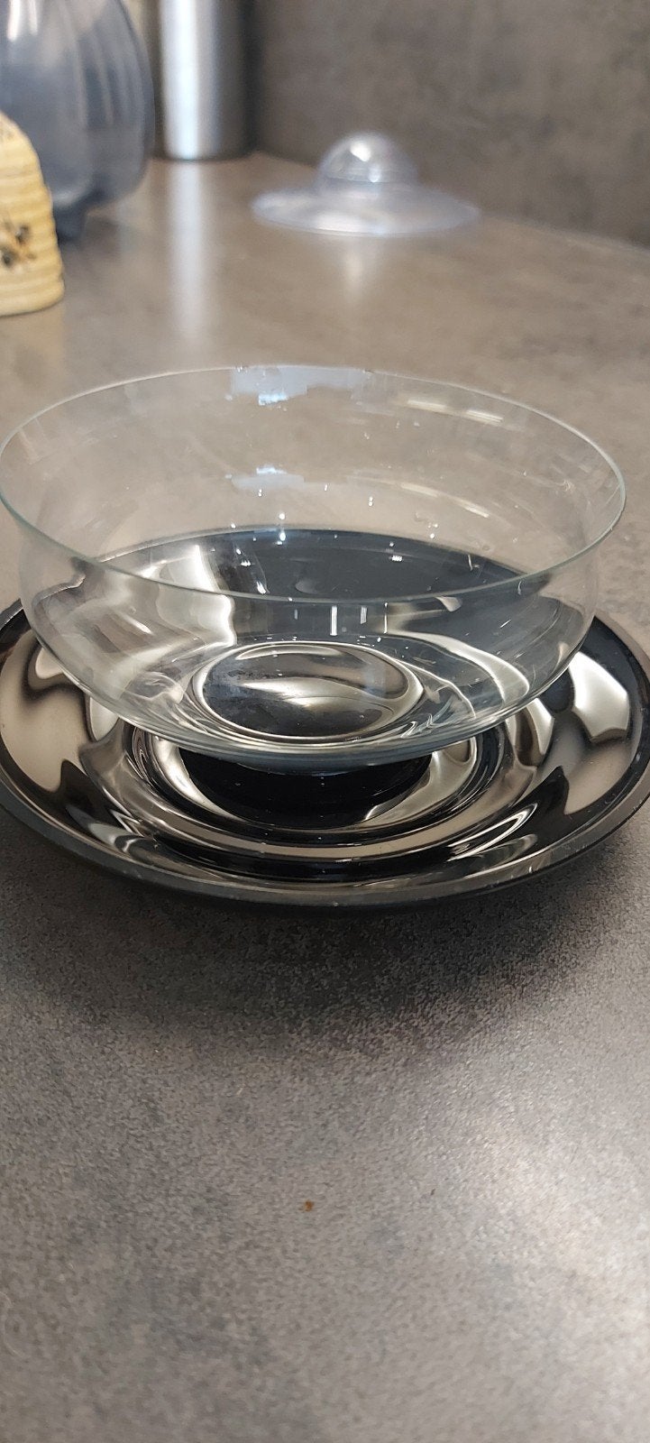 antieke dessertkom met schotel, Glas, Ophalen of Verzenden, Gebruikt, Handgemaakt