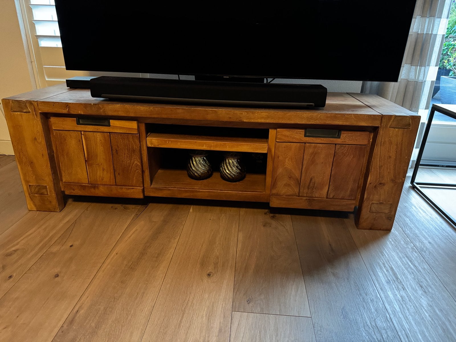 Teakhouten TV-meubel met opbergruimte, Ophalen, Gebruikt, 100 tot 150 cm, Teakhout