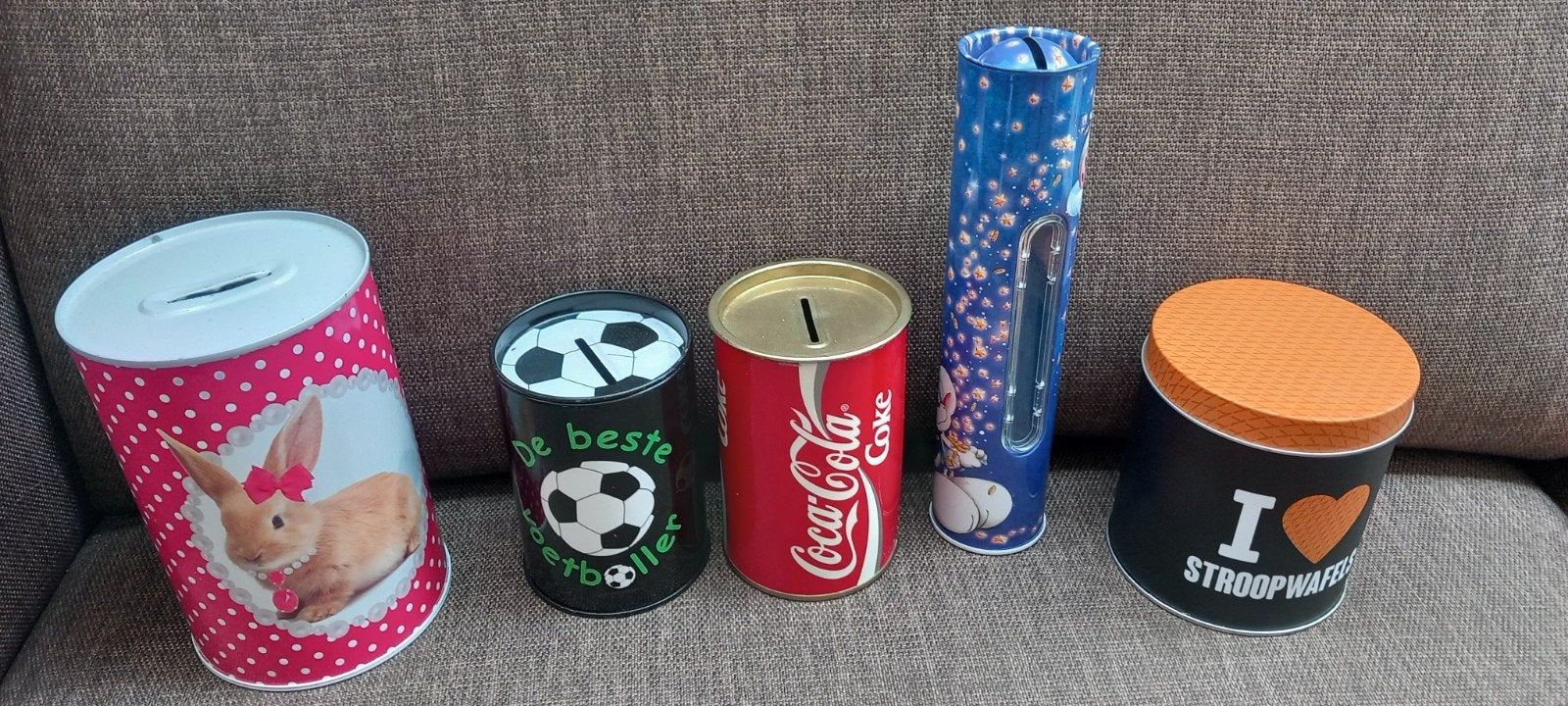 Diverse spaarpotten: Konijn, Voetbal, Coca-Cola, Stroopwafel, Verzamelen, Ophalen of Verzenden, Zo goed als nieuw, Metaal of Blik