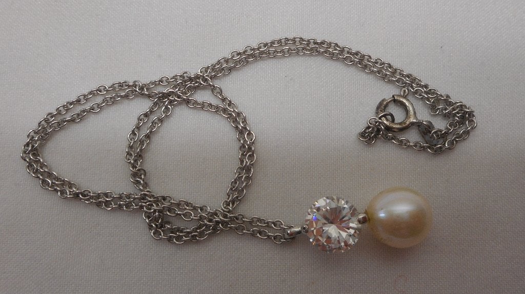 Zilveren ketting met hangertje steen en echte parel nr.598, Sieraden, Tassen en Uiterlijk, Kettingen, Met hanger, Verzenden, Zo goed als nieuw