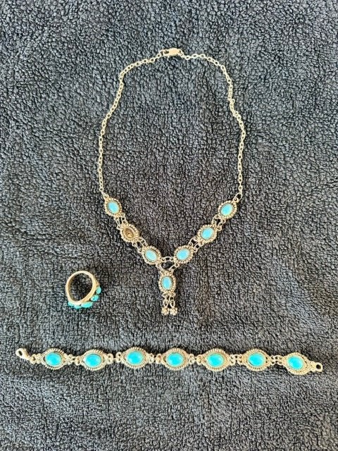 Vintage turquoise sieradenset – ketting, armband & ring, Sieraden, Tassen en Uiterlijk, Antieke sieraden, Ophalen of Verzenden