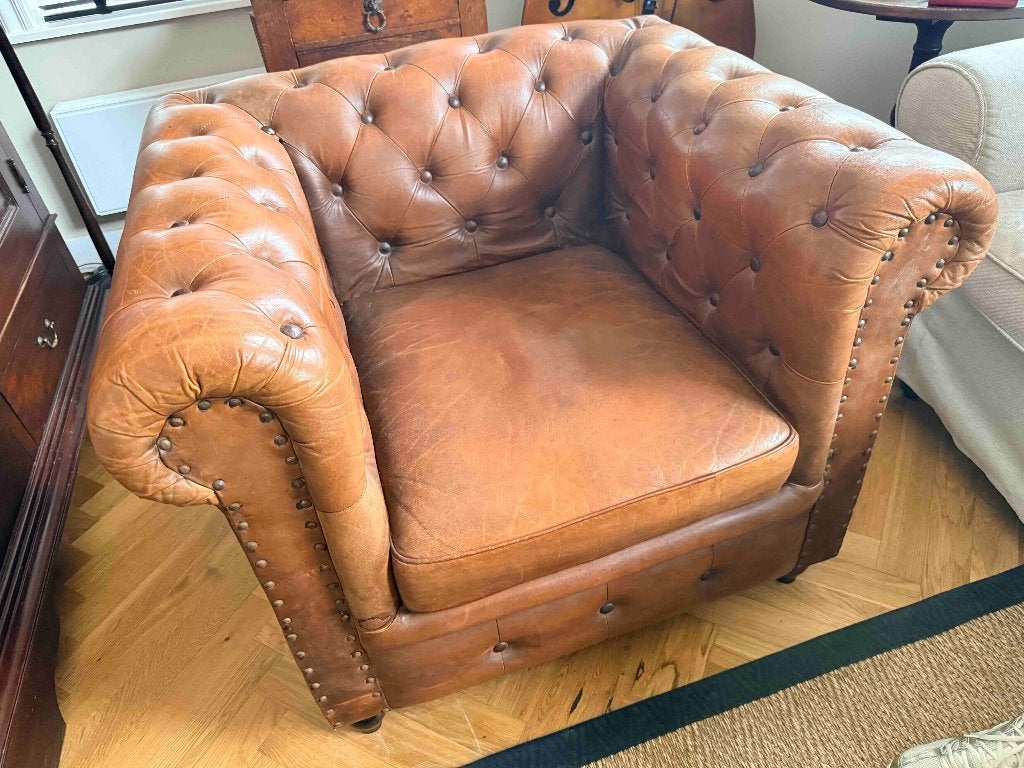Chesterfleid fauteuil, Ophalen, Klassiek, Zo goed als nieuw, 75 tot 100 cm
