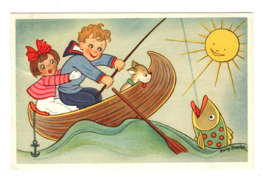 Oude Ansichtkaart Kinderen Vissen Bootje Gelopen 1959, Ophalen of Verzenden, 1940 tot 1960, Gelopen, Overige thema's