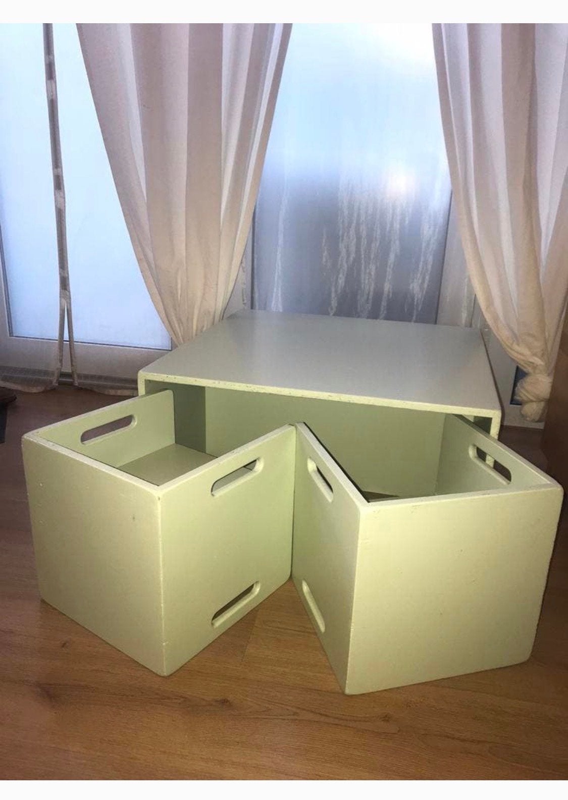 Vintage Montessori Kubus Tafel Bureau met 4 Stoelen, Ophalen, Zo goed als nieuw, Tafel(s) en Stoel(en)