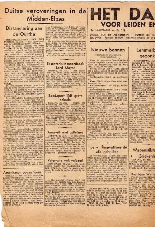 Het Dagblad Voor Leiden en omstreken.Zaterdag13 januari 1945, Ophalen of Verzenden, 1940 tot 1960, Nederland, Krant