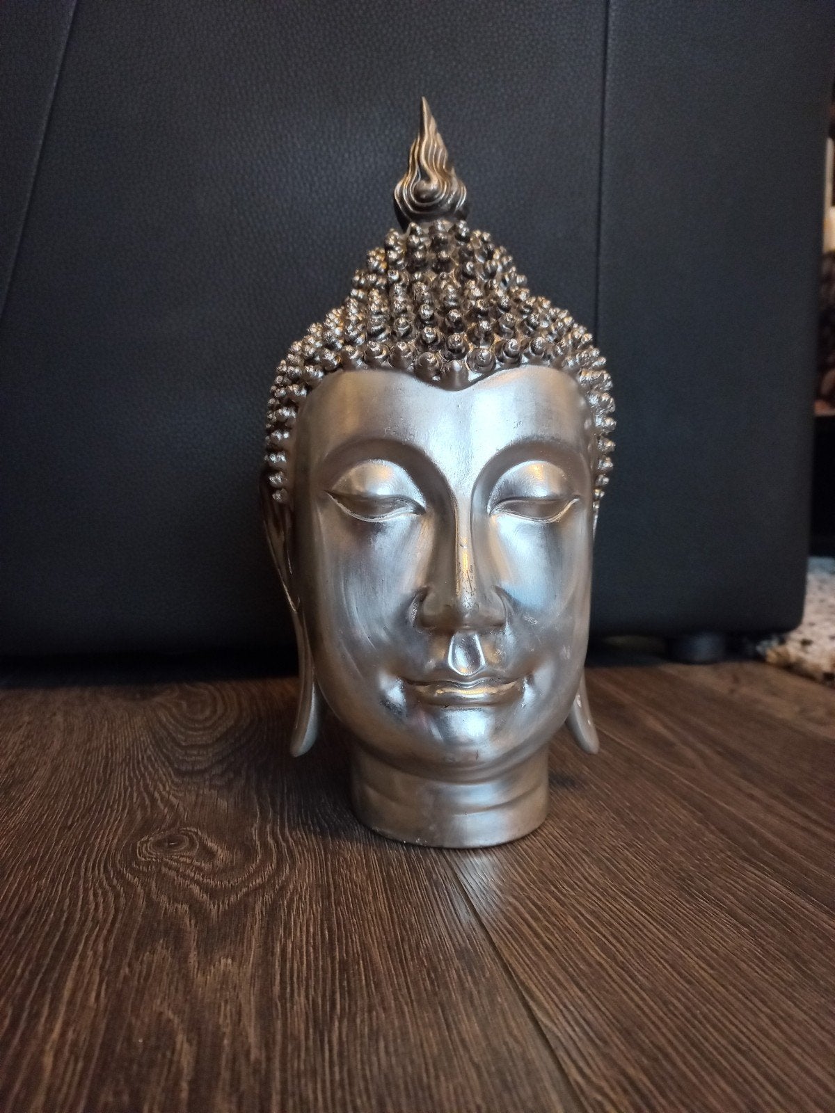 Zilverkleurig Boeddha Hoofd Decoratiebeeld, Ophalen of Verzenden, Gebruikt