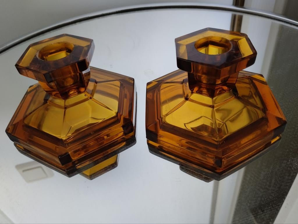 Art deco glazen kandelaars, Antiek en Kunst, Antiek | Glas en Kristal, Ophalen of Verzenden