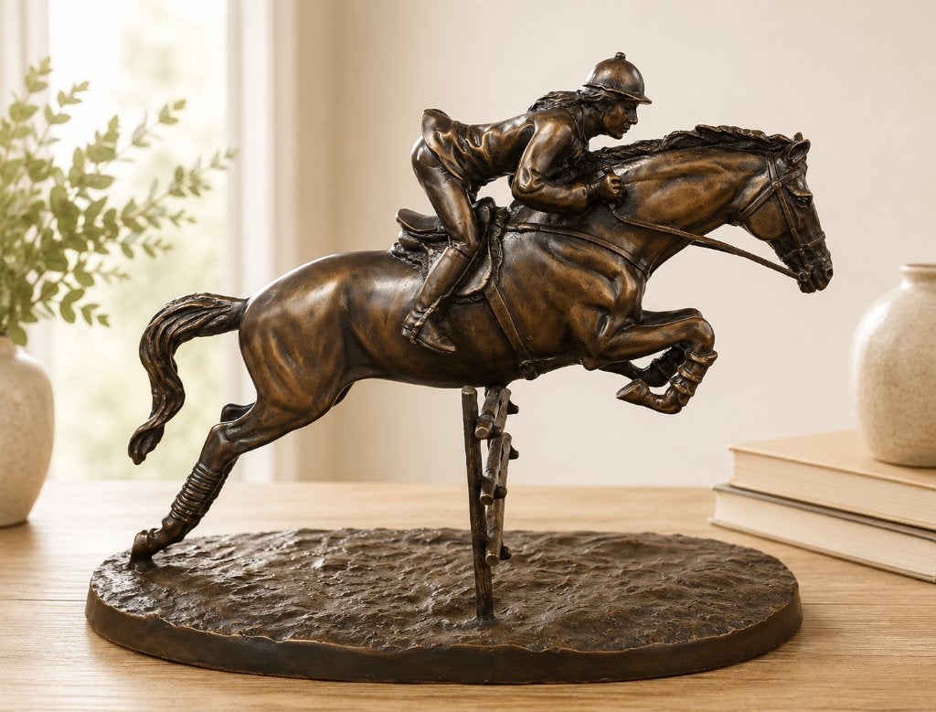 SPRINGPAARD MET AMAZONE / BRONZEN BEELD, Ophalen of Verzenden, Handgemaakt, Brons, Beeld