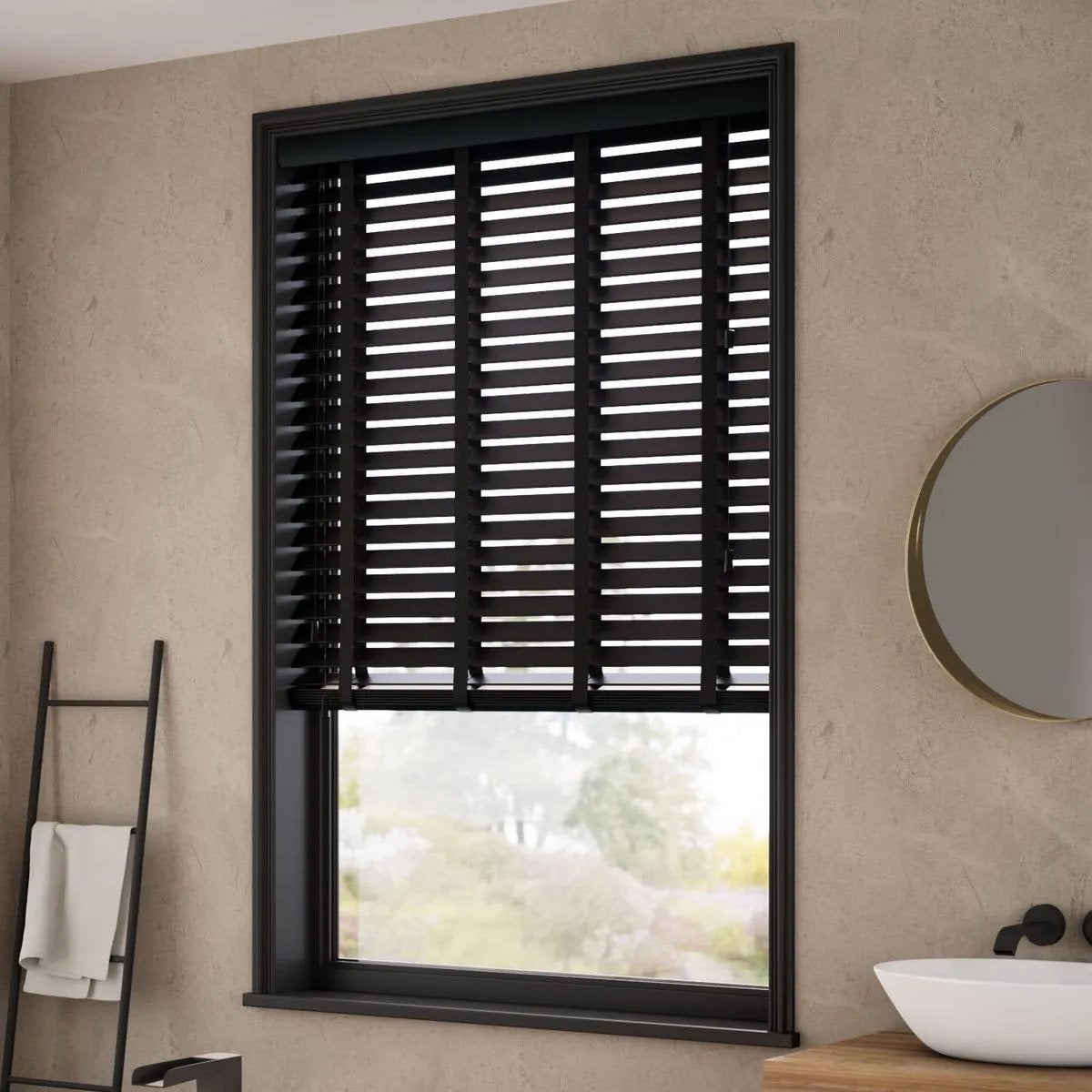 Zwarte Houten Jaloezieën 50 mm - 98,6x188,7 cm, Ophalen, Jaloezie, Verduisterend, Zwart